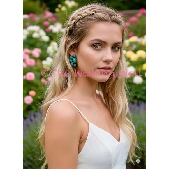 Kingman  Half Cluster Green & Blue  Turquoise
Sterling Silver Earrings - Picture 2 of 5